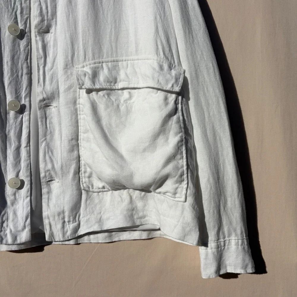 Zara‎ White 100% Linen Utility Jacket Womens XL Button Front Lined Workwear Coat